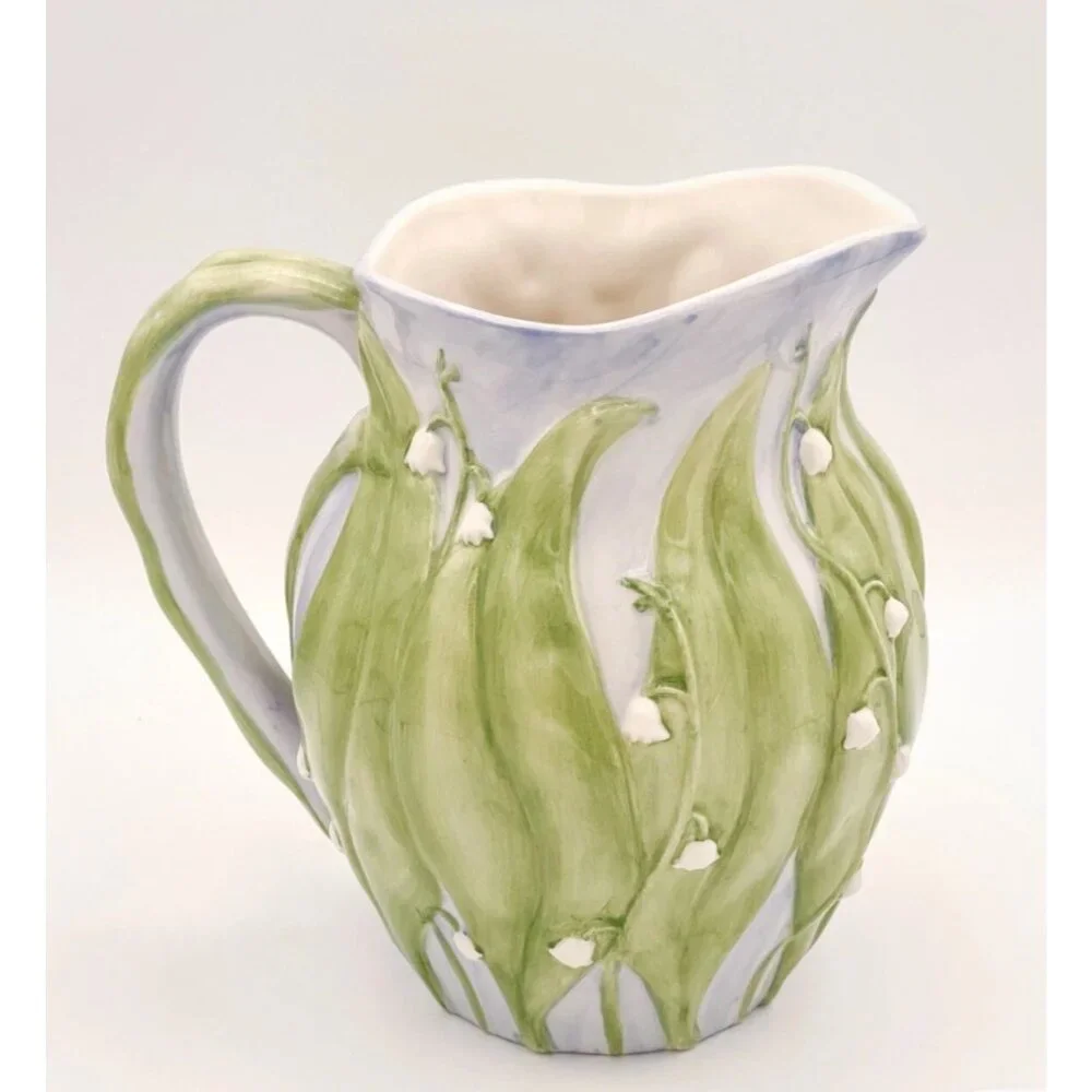 Inspirado Lily of the Valley Ceramic Pitcher Embossed Floral Hand Painted - Picture 3 of 13